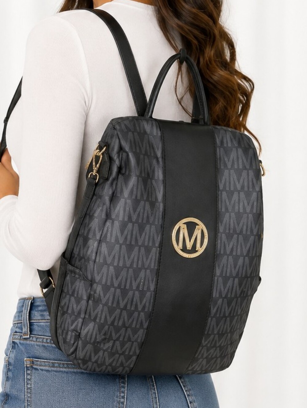 👜 MKF Collection Black Monogram Backpack Gold Hardware Travel Bag EUC